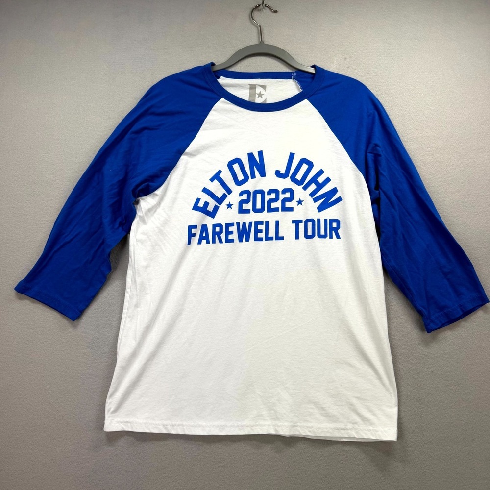 Elton John Farewell Tour Concert T Shirt Men Large White Blue 3/4 Sleeve Tee